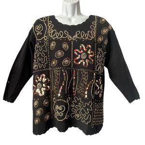 VINTAGE 80s Margules Gold Bead and Sequined Tunic Sweater Size Large